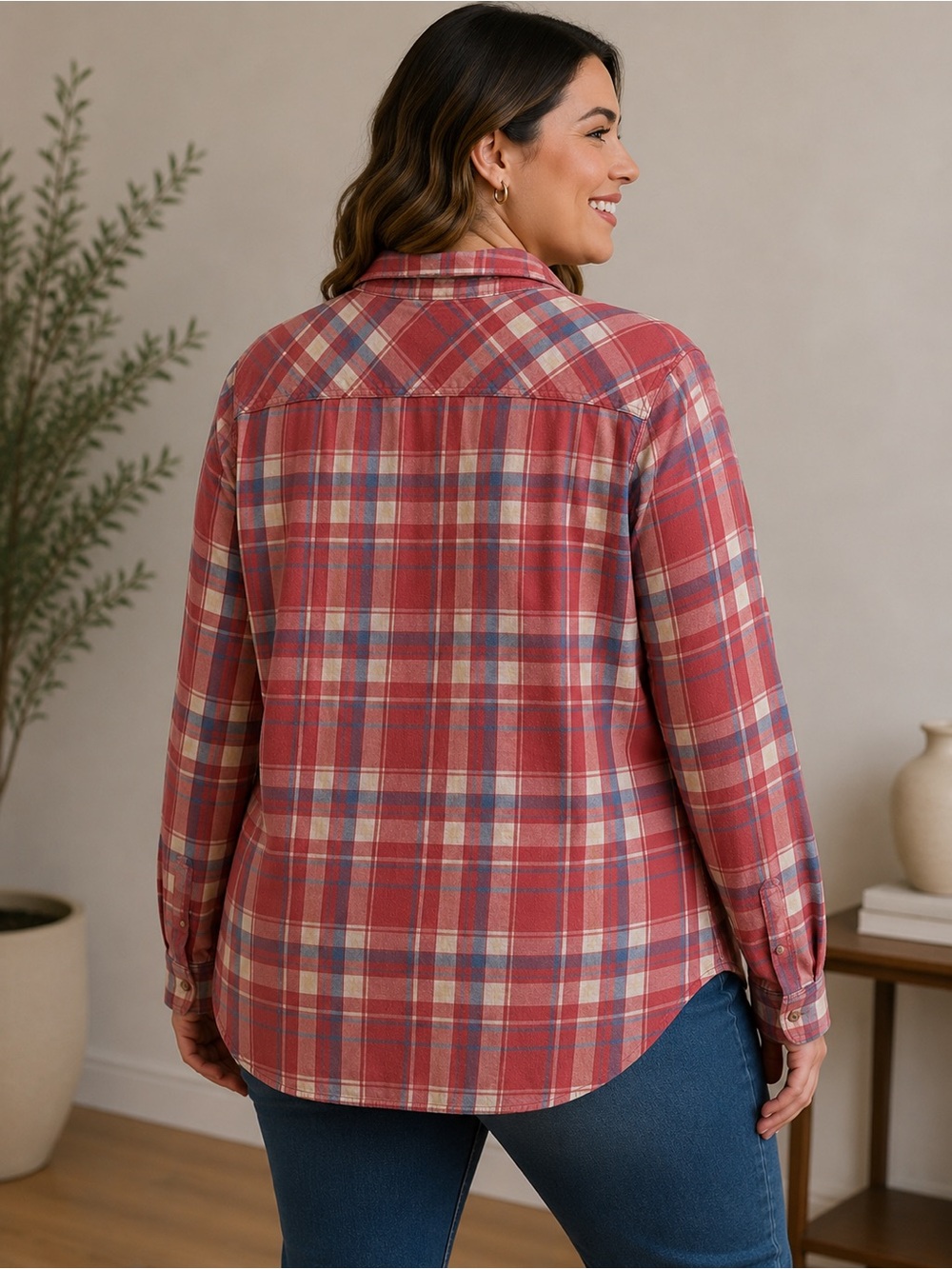 L.L.Bean Pink Blue Plaid Button Front Shirt Medium 100% Cotton Casual Top - Picture 3 of 6
